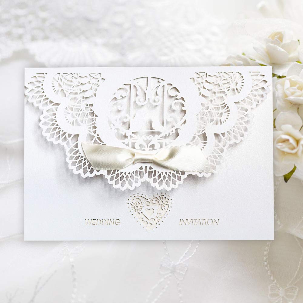 Wedding Invitations Cards,Benbilry 20x Elegant White Laser Cut Wedding Invitations Cards with Hollow Flora Favors,Printable Cardstock and bow Silk Ribbon for Engagement Wedding Marriage Bridal Shower