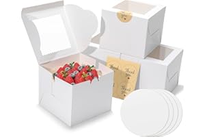 EQOREIIN 4pcs 6 Inch Cake Boxes with Sticks and Boards for Cookies, Small Cakes, Mini Desserts, Bento, and Bakery, Cupcake Box for Birthday, Party, Wedding, Mother's Day, Christmas（6x6x5 inch）