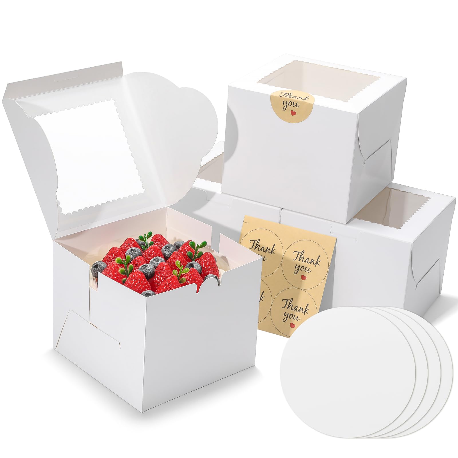 Photo 1 of EQOREIIN 4pcs 6 Inch Cake Boxes with Sticks and Boards for Cookies, Small Cakes, Mini Desserts, Bento, and Bakery, Cupcake Box for Birthday, Party, Wedding, Mother's Day, Christmas?6x6x5 inch?