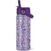 Butterfly Gifts - 18oz Purple Kids Water Bottle with Straw Lid, Stainless Steel Insulated Bottle, Leakproof, BPA-Free, for Girls, School, Travel - Butterfly Rainbow Themed Birthday Gift Cup (1pc)