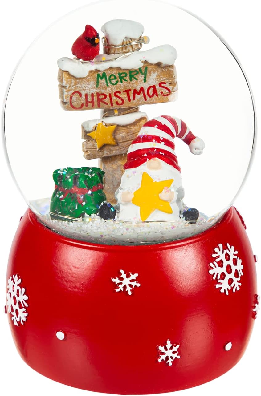 Snow Globes - Evergreen LED Polyresin Water Globe with Gnome Icon, Merry Christmas Indoor Christmas and Holiday Decor