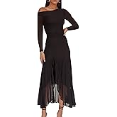 HOCILLE Women's Sexy Bodycon One Shoulder Maxi Dresses for Women Sheer Mesh Long Sleeve Slit Cocktail Party Dress