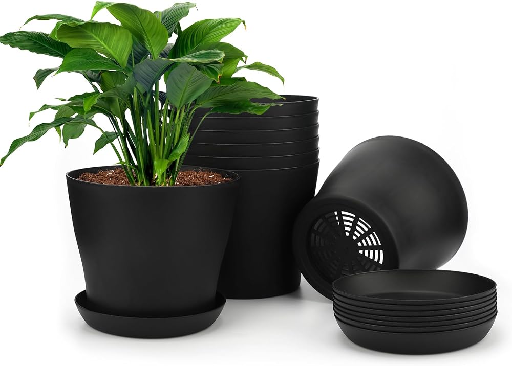 KINGLAKE 8Pcs 4 Inch Black Plastic Plant Pots with Drainage Holes and Trays