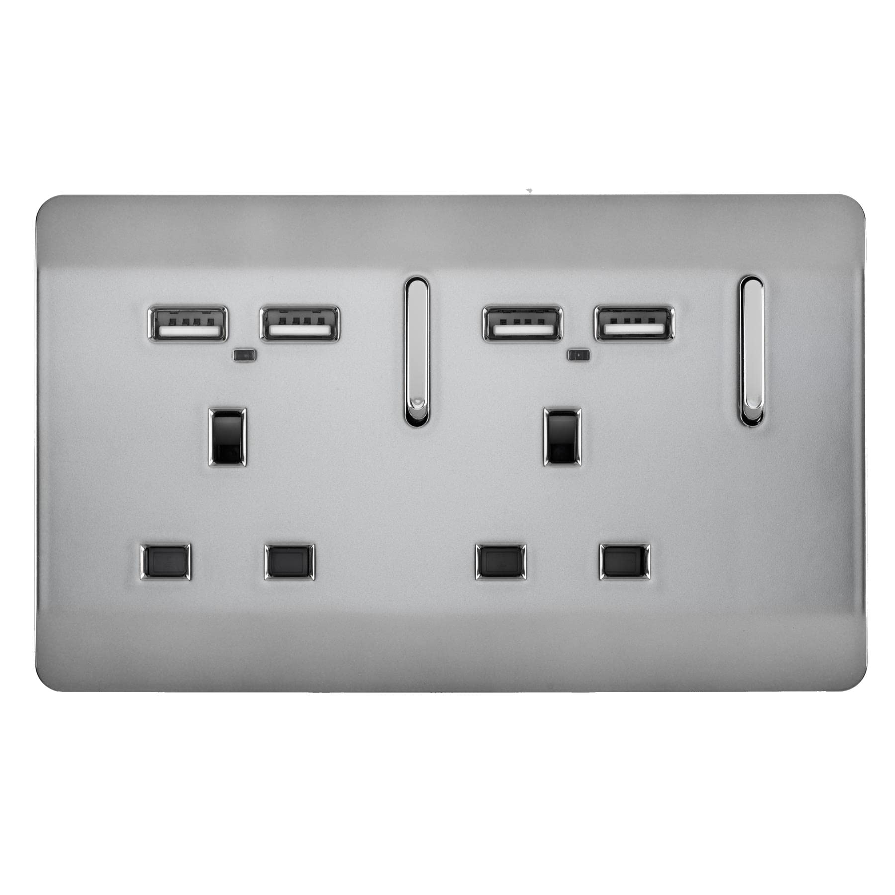 Trendi 2 Gang Artistic Modern Glossy Screwless Raised 13 Amp 240v Short 4 USB Type A Charging Points Double Chrome Switched Electrical Wall Plug Socket Brushed Steel- ART-SKT213USBBS