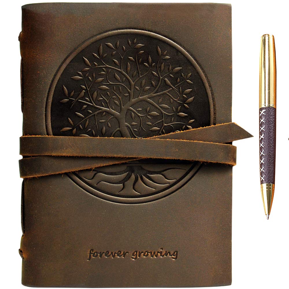 Tree of Life Leather Journal Embossed A5 Handmade Travel Diary, Vintage Writing Bound Notebook for Men For Women Genuine Antique Rustic Leather 6"x8" Engraved Paper Perfect for Notes Sketchbook + Pen