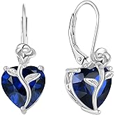 FJ Heart Dangle Drop Earrings 925 Sterling Silver Rose Flower Leverback Earrings Birthstone Jewelry for Women
