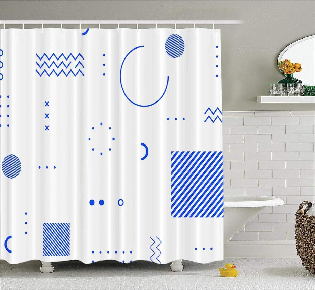 LAONY Geometric Patterns Fabric Shower Curtain, Shower Curtain Set Memphis Blue Geometric Shapes Fashion Pattern Shape Farmhouse Shower Curtain for Bathroom 72x72 inches Set of 12 Hooks, Memphis Blue