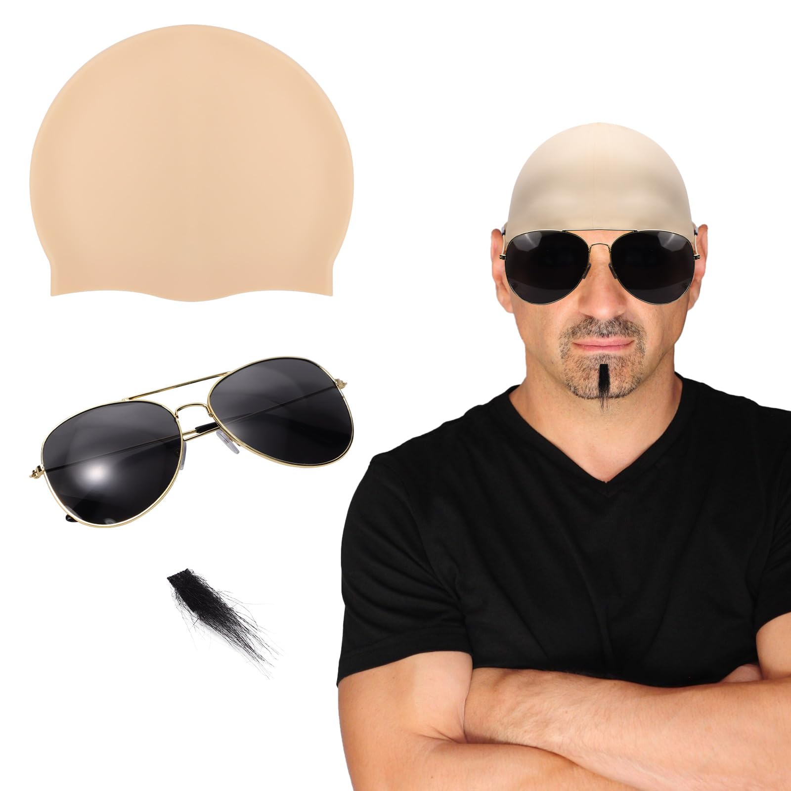 Mayoii Mr Worldwide Costume Accessory Set - Adult Bald Cap, Black Sunglasses & Soul Patch - Music Icon Fancy Dress Kit for Men & Women - Bald Wig Cap Celebrity Look