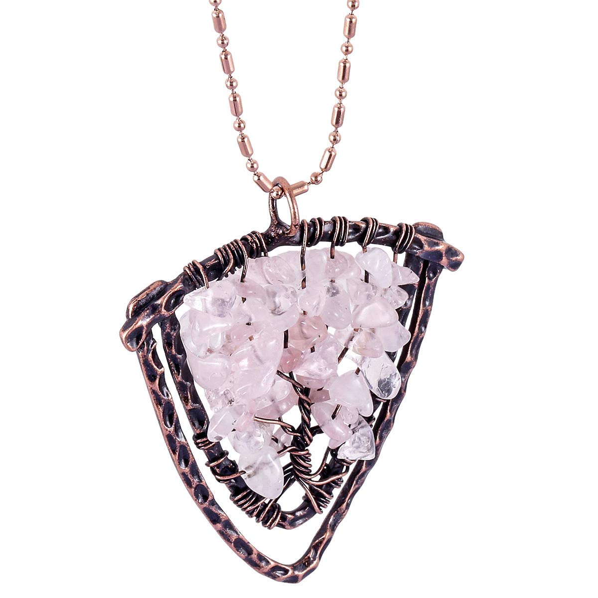 mookaitedecor Natural Rose Quartz Crystal Tree of Life Necklace for Women Men, Gemstone Wire Wrapped Shield Pendant for Protection Amulet Chakra Reiki Balance