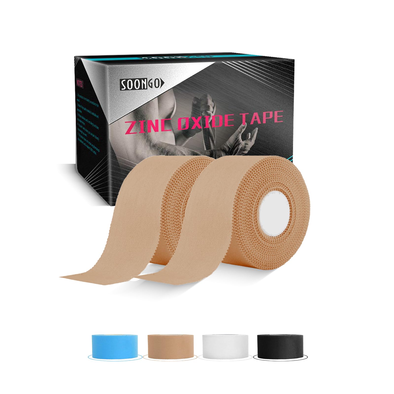 SOONGO Zinc Oxide Tape 2.5cm x 10m Beige 2 Rolls Sports Strapping Athletic Tape Inelastic Provide Maximum Support Fixed Joint Good Viscosity Hypoallergenic