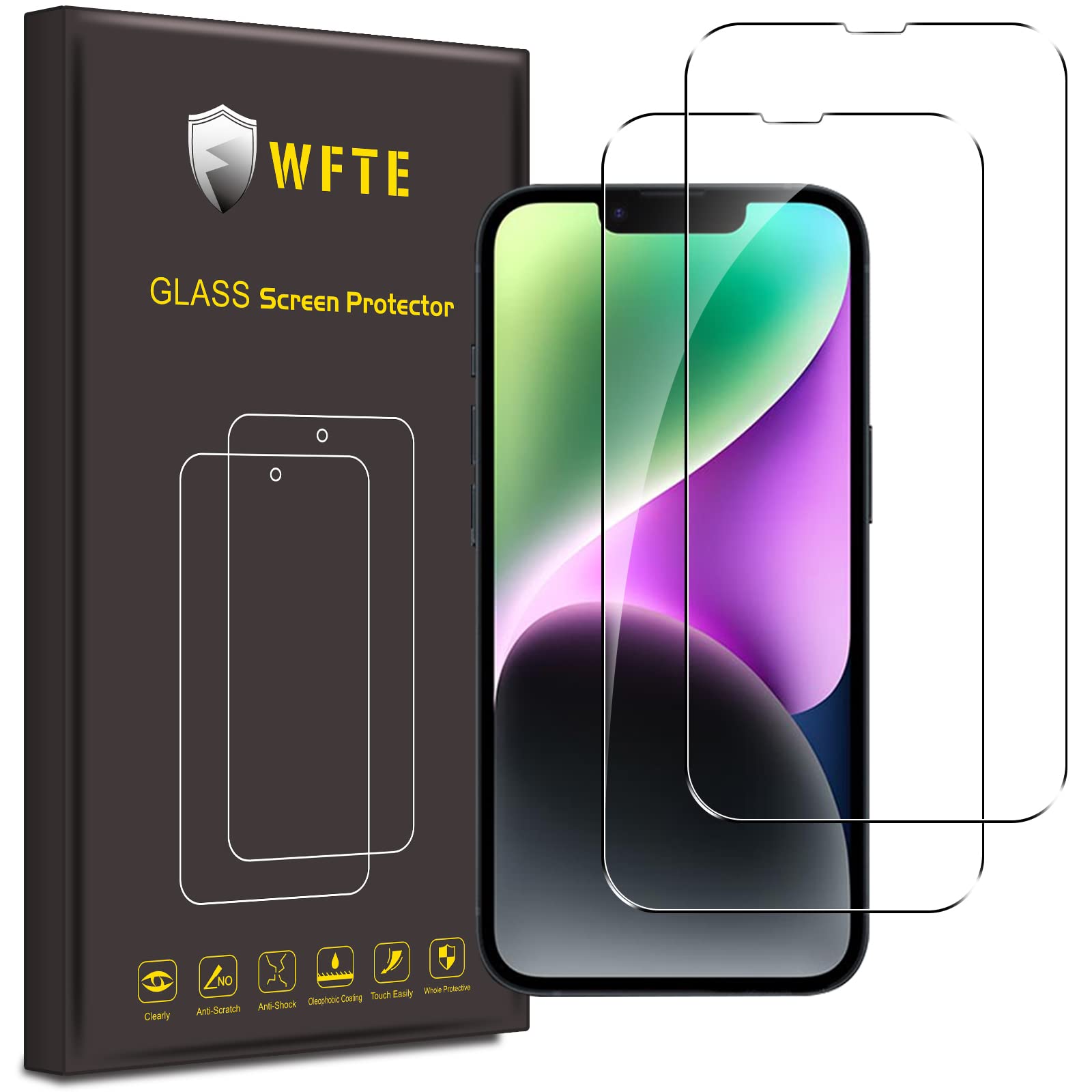 WFTE [2-Pack Screen Protector for iPhone 16E/iPhone 14/iPhone 13/iPhone 13 Pro(6.1-Inch),High Transparency,Anti-fingerprint,Bubble-Free,Dust-Free Premium Tempered Glass Screen Protector For iPhone 14
