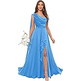 Dvdci One Shoulder Chiffon Bridesmaid Dresses Floor Length Pleated Ruffles Side Slit Formal Gown