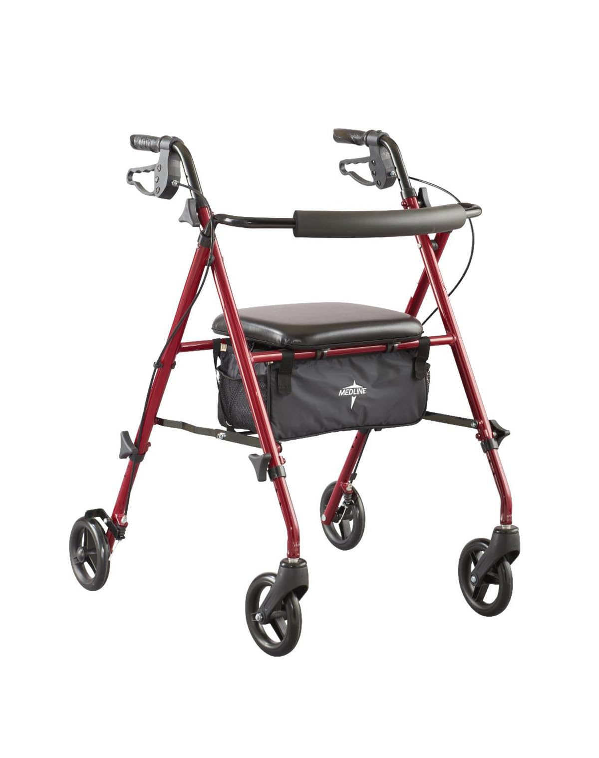 Photo 1 of Medline Superlight Folding Aluminum Mobility Rollator Walker, Red, 250 lb. Weight Capacity, 6" Wheels, Adjustable Arms and Seat, Foldable Rolling Walker for Seniors