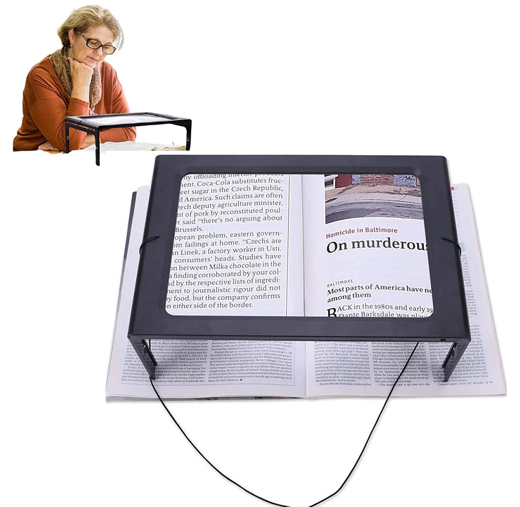 Magnifying Glass Hands-Free Full Page Magnifier Large Rectangular 3X Magnifier with LED Light Illuminated Foldable Desktop Reading Aid Lens Magnifier Lightweight for Elder Kids Poor Eyesight