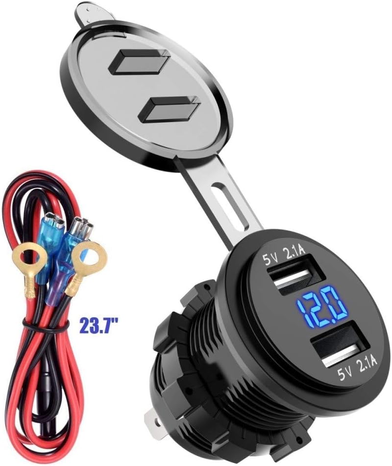LaoDa Dual USB Charger Socket Waterproof Power Outlet 2.1A & 2.1A with Voltmeter & Wire in-line 10A Fuse for 12-24V Car Boat Marine Motorcycle