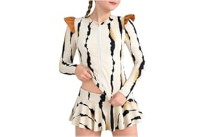 Rash Guard Swimsuit for Girls 2 Piece Swimwear Print Zipper Bathing Suit Ruffle Long Sleeve Swimming Suit with Skirt