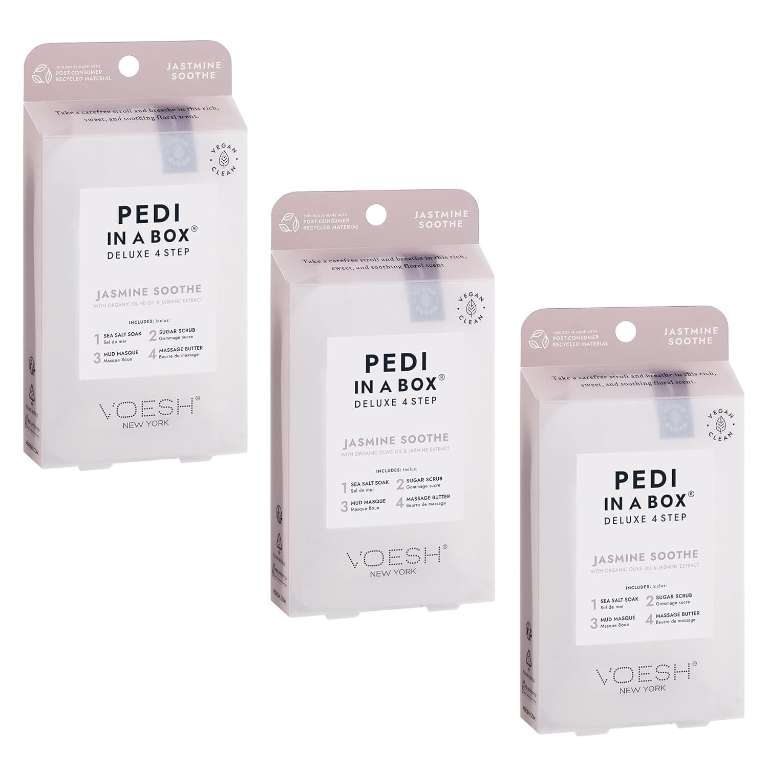 VOESH Pedi in a Box Deluxe 4 Step, Pack of 3 - Intensive Foot Treatment - VOESH Pedicure in a Box - DIY Pedi Kit - Vegan Spa Pedicure Kit - Pedicure Soak Kit - At-Home Foot Care