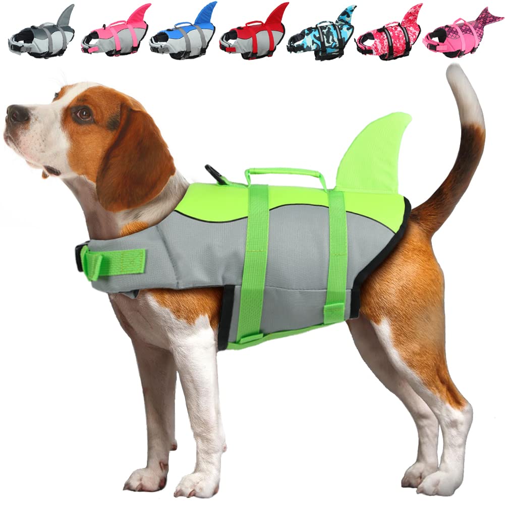 EMUST Dog Life Jacket, Adjustable Small / Medium / Large Dog Life Jacket for Water Safety, Pet Life Jacket with Rescue Handle, Safety Vest for Swimming Pool, the Beach, Boating, L, Green
