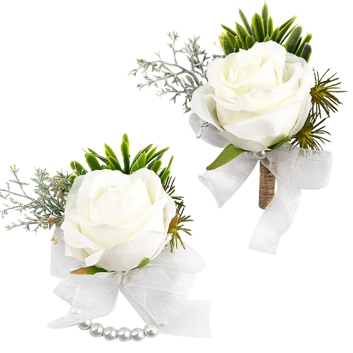 White Ivory Artificial Rose Wrist Corsage and Boutonnier Set, Wedding Women Wristlet Hand Flower Prom Decor and Bridegroom Best Man Groomsmen Boutonnier for White Wedding Party Proom Suit Decorations