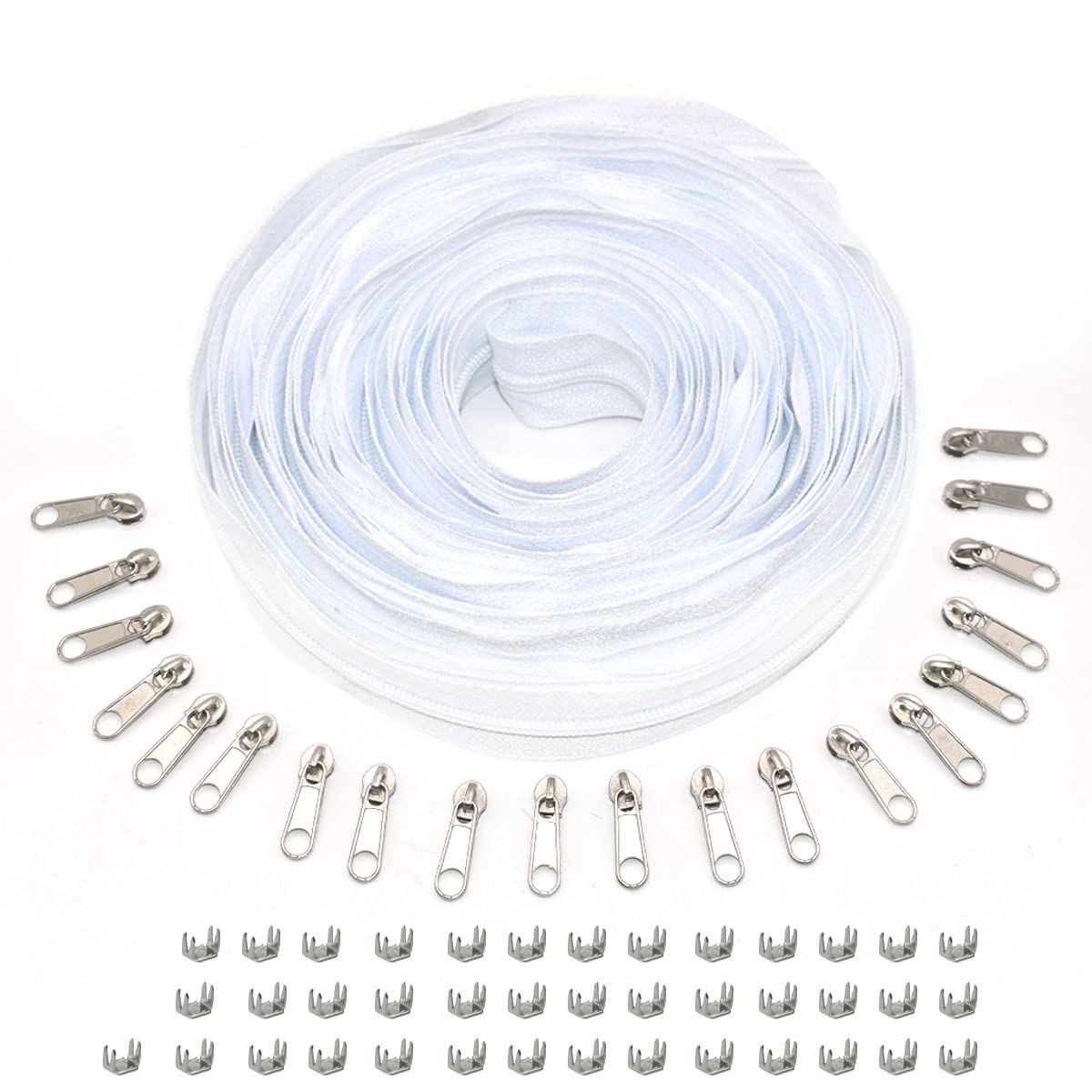 Photo 1 of #3 Nylon Coil Zipper 10 Yards White Zipper Roll for Sewing Nylon Coil with 20pcs Silver Sliders and 30pcs Zippers Stops for DIY Sewing Tailor Crafts Bages (White/ 10Yards)