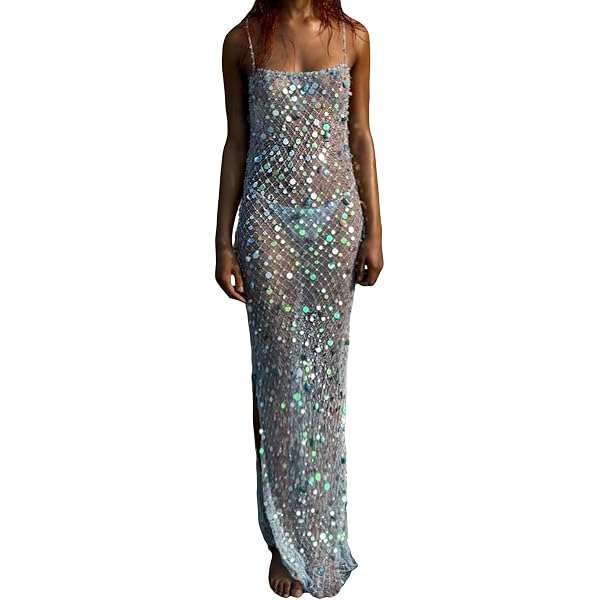 Amazon.com: Owl's-Yard Women's Summer Sequin Sheer Dress Spaghetti Straps  Backless Sparkly See Through Slit Cocktail Party Long Dress (A-Blue, S) :  Clothing, Shoes & Jewelry