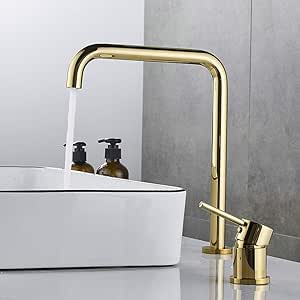 LHDAHP Grifo,Grifo De Lavabo Baño Súper Largo Tubo Dos Agujeros Oro