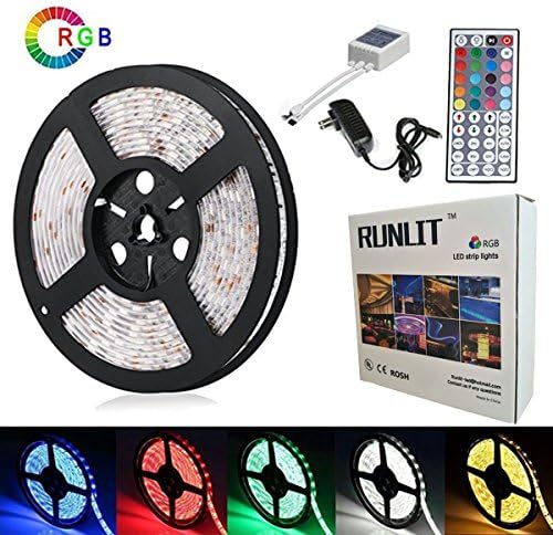 Runlit Led Strip Lights Kit Waterproof, Tape Light 16.4ft (5M) 5050 150LEDS RGB LED Light Strip Kit, IR Remote Controller, 12Volt Power Supply for Kitchen Bedroom, TV Cabinet, Party Bar Mood Lighting