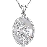 URONE Flower Necklace 925 Sterling Silver Birth Flower Pendant Mother of Pearl Necklace Jewelry Gift for Women