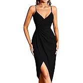Missufe Women's Wrap V Neck Sleeveless Spaghetti Strap Ruched Bodycon Midi Slit Summer Party Cocktail Dress
