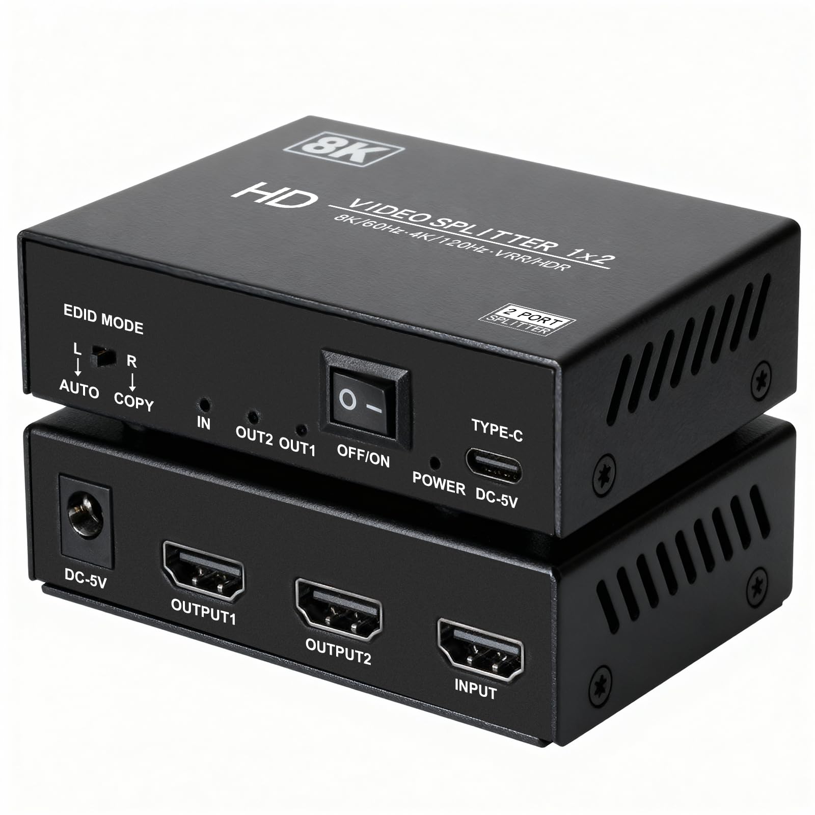 Photo 1 of 8K HDMI Splitter 1 in 2 Out 4k@120Hz 1x2 hdmi 2.1 Splitter for Dual Monitors (Not Extend) Support 8k@60Hz,4:4:4,48 Gbps,EDID,Auto Down Scaler, HDCP 2.3, VRR, HDR10+ for PS5?Laptop,HDTV,Projector