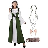Women Renaissance Medieval Dress Costume, Adult Lace Up Fairy Dress Halloween Victorian White Green Long Dresses