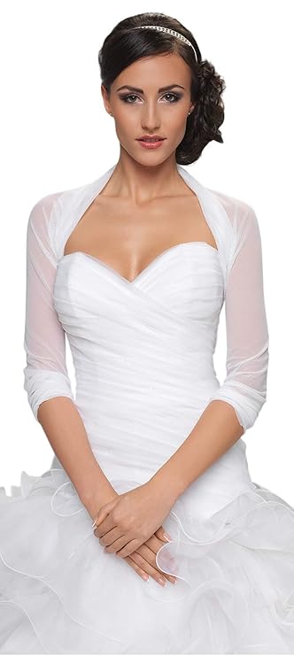 OssaFashion Bolero Bolerojäckchen Hochzeit Jacke Tuch für die Braut Elfenbein weiß elastischer Tüll hochwertig 3/4 Langer Ärm