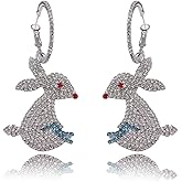 Dainty Rabbit Earrings for Women,Trendy Rhinestone Crystal Rabbite Dangle Drop Earrings Cute Bling Bunny Hoop Earrings Fashion Statement Bunny Festival Costume Party Earrings Jewelry (Silver)