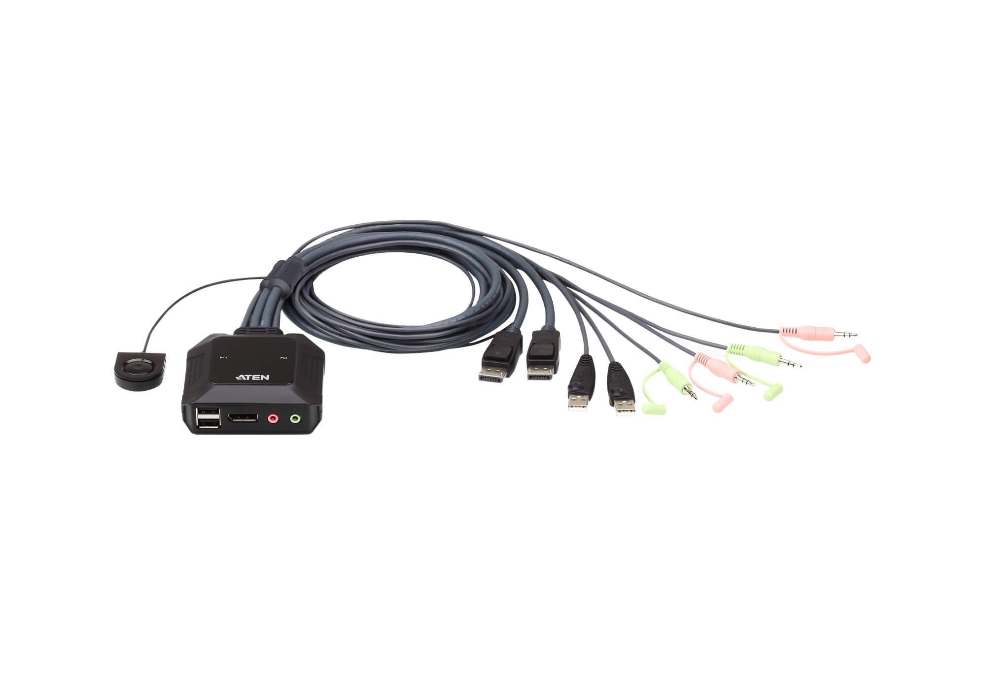 USB DisplayPort Cable KVM Switch with Remote Selector 2-Port ATEN CS22DP, up to 4096 x 2160 @ 30Hz, supports Windows, Mac, and Linux, can be used for USB peripheral sharing, UK, #1 KVM Market Leader