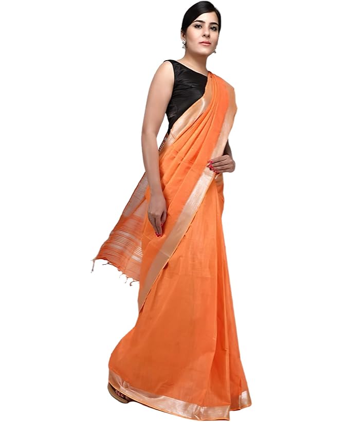 For Womens Bhagalpuri Cotton Slub LightSalmon Saree With Plain Zari Border Running Blouse Piece