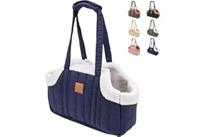 ETIAL Small Dog Carrier Purse, Winter Fleece Warm Dog Tote Bag Carrier with Secure Harness Clip for Puppy Kitten, Waterproof Pet Travel Handbag for Shopping, Hiking and Walking (Dark Blue)