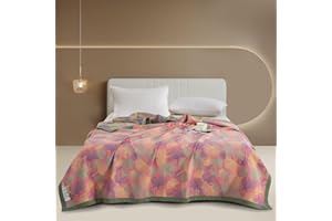 Purefair 100% Cotton Muslin Blanket Jacquard Pink Floral Ginkgo Leaves Quilt, Soft Bed Cover 3 Layers Lightweight Breathable Gauzy Reversible Bedspread Coverlet Bedding, King(98"x94"), No Pillow Sham