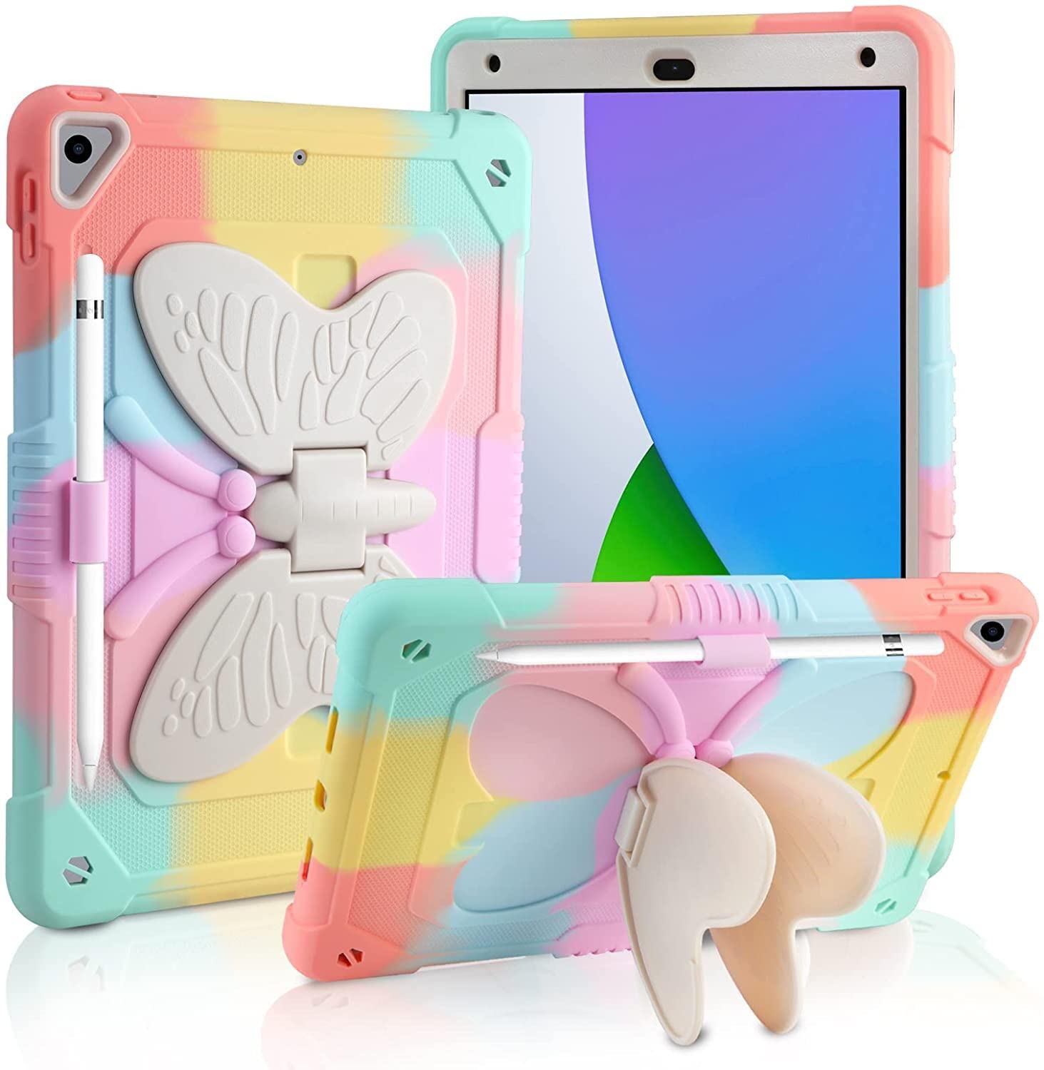 Aolcev for iPad 9th/8th/7th Generation Case for Kids Girls 10.2 Inch with Pencil Holder Butterfly Wing Stand Heavy Duty Rugged Shockproof Protective Cover for iPad 9th 8th 7th Gen Case(2021/2020/2019)