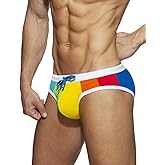 MIZOK Men's Rainbow Strips Nylon Bikini Swim Briefs Drawstring Sexy Low Rise Swimwear