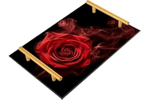 Red Rose with Crimson Smoke Decorative Bar Tray with Handles Trays for Eating On for Jewelry Perfume for Food Carrying charol