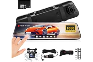 KEPEAK 10'' Mirror Dash Cam, 1080P FHD IPS Touch Screen Front and Rear View Backup Camera for Cars Loop Recording Streaming Media, 170°Wide Angle Parking Assistance with 32GB Memory Card