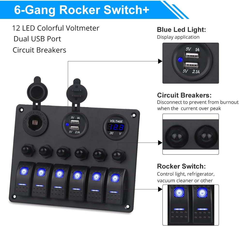 WATERWICH Marine Boat Car 6 Gang ON-Off Ignition Waterproof Toggle Rocker Switch Panel with12V/24V Circuit Breaker LED Voltmeter Car Charger for RV Vehicle Truck (Switch Panel): Automotive