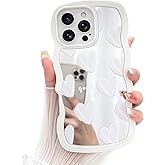 LSL Case for iPhone 16 Pro Max, Glossy Mirror Back White Hearts Pattern Case for Girls Women Curly Wave Edge Cute Girly Trendy Slim Protective Cover