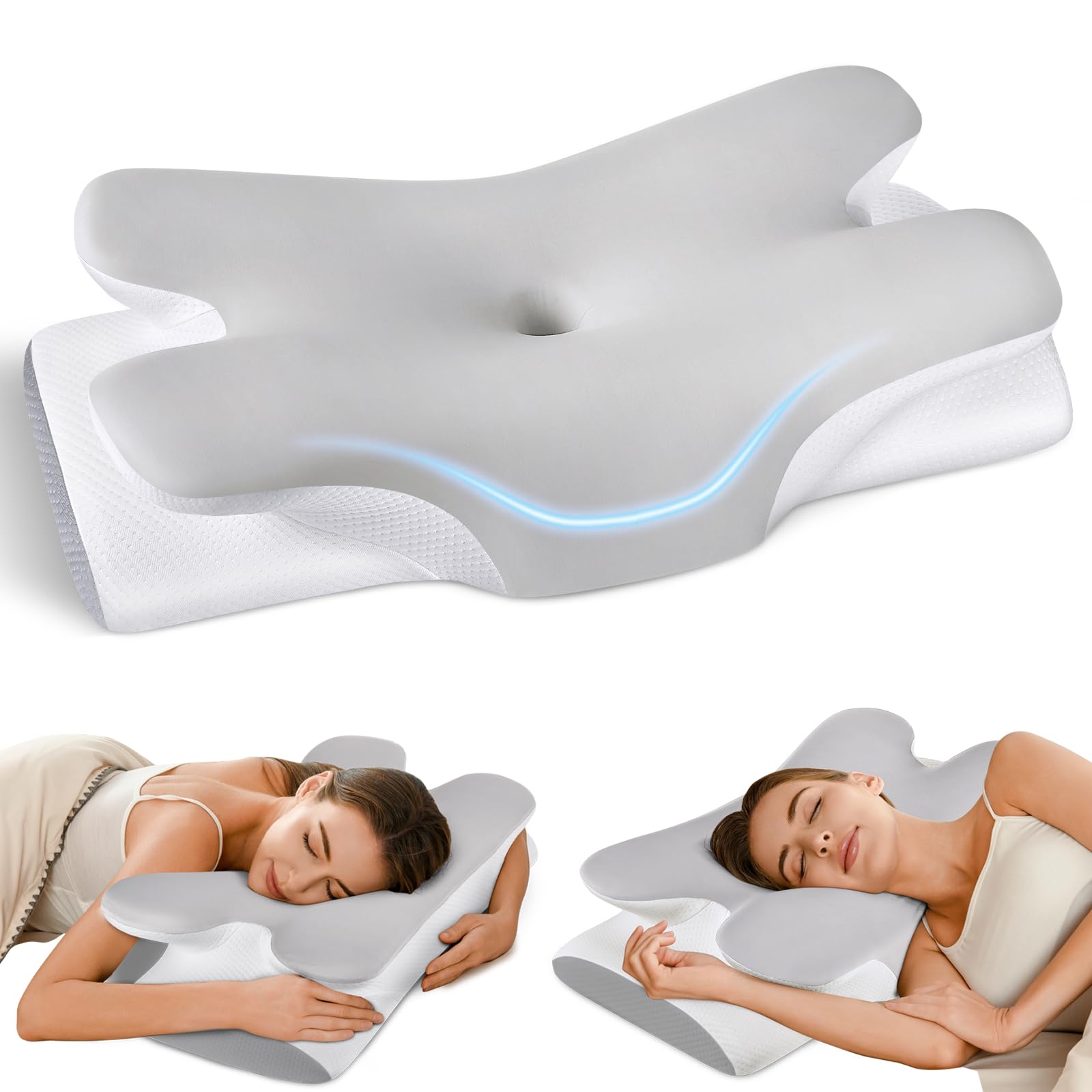 Photo 1 of Tujami Cervical Neck Pillow for Neck Shoulder Pain Relief, Soft Contour Side Sleeper Pillow of 2 Heights, Odorless Q-max Cooling Memory Foam Orthopedic Bed Pillow for Back Stomach Sleeper