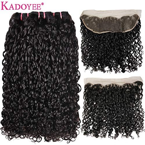 Kadoyee Human Fumi Hair Bundles with Frontal 3Bundles Pixie Curls Curly Hair Bundles with Lace Closure Natural Color(12 12 12+10inch)