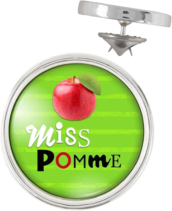 4 Images 1 Mot Pomme Argent Pin's Argenté 20mm Miss Pomme - Fruit Pomme sur Fond Vert - Humour