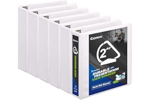 Comix Sturdy 2 Inch D-Ring Binders, 2'' 3 Ring Binder with Clear View Cover, Holds 500 Sheets of 8.5" x 11" Paper, 6 Pack (White)