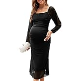 AISWI Mesh Ruched Maternity Dress Baby Shower Wedding Guest Pregnancy Shoot Fall Long Short Sleeves Square Neck