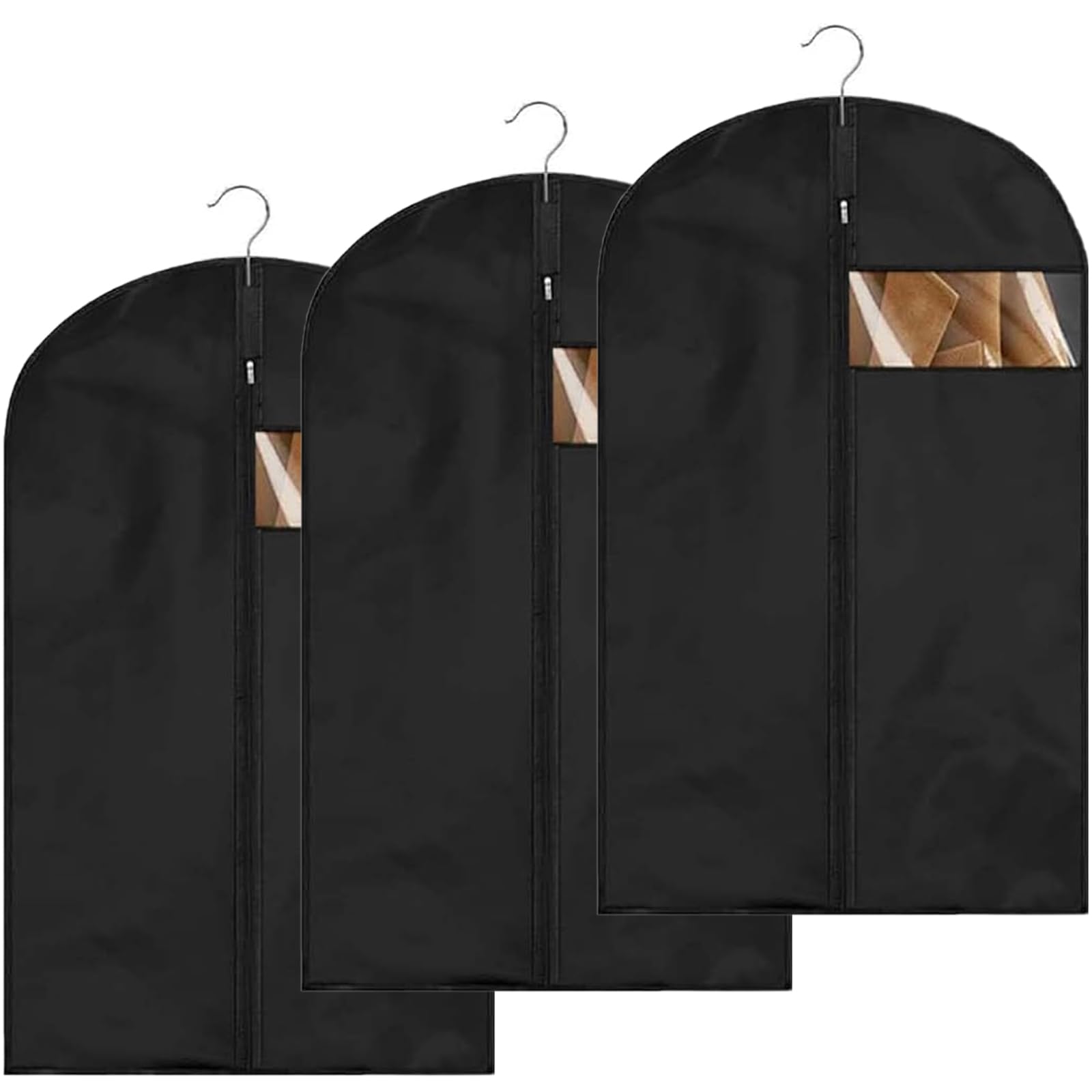 3 Pcs Suit Covers, Clothes Cover in Black, Garment Bags with Clear Window, Zipper, Fold-Able, Washable, Dust-Proof for Home Wardrobe Storage