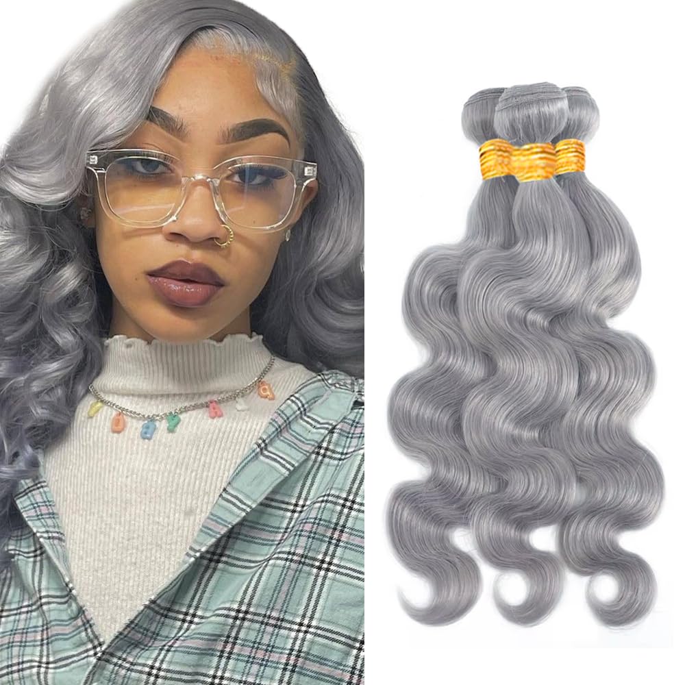 Photo 1 of 26 28 30 inch Grey Bundles Human Hair Silver Bundle Gray Body Wave Bundles Brazilian Remy Gray Hair Extensions for Women